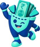 Finwy waving, holding a fan of ₹ notes.